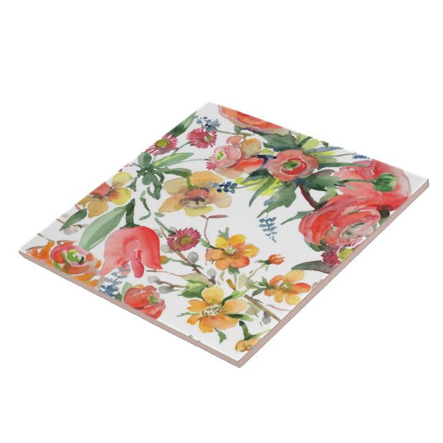 Floral Pattern Wildflowers Yellow Pink Green White Tile (Side)