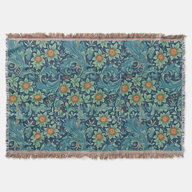 Floral Pattern William Morris Red Yellow Blue Gree Throw Blanket (Front)