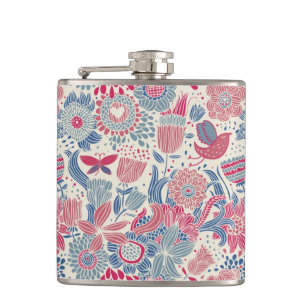 Floral pattern with bird and butterfly hip flask