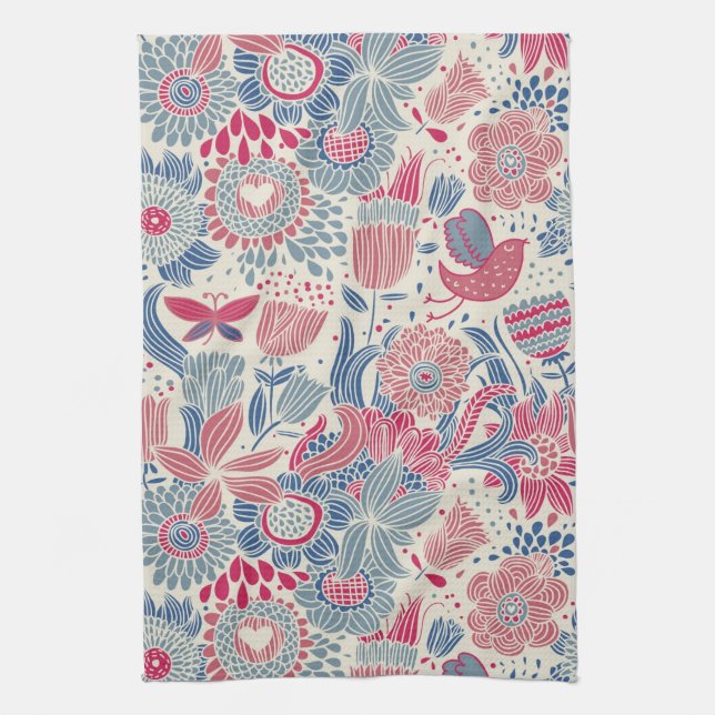 Floral pattern with bird and butterfly tea towel (Vertical)