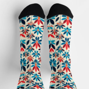 Floral Pattern with Blue Abstract Design Socks