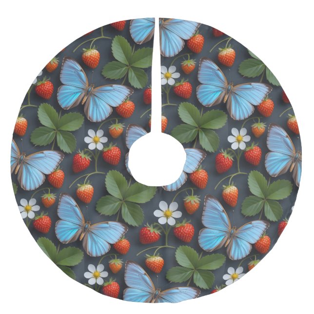 Floral Pattern with Blue Morpho Butterflies Brushed Polyester Tree Skirt (Front)