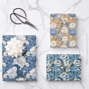 Floral Pattern with Blue Peonies and White Flowers Wrapping Paper Sheet