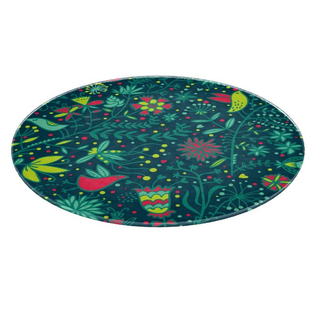 Floral pattern with cartoon birds 2 cutting board (Corner)