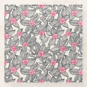 Floral pattern with cartoon birds 2 glass coaster
