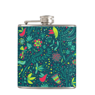 Floral pattern with cartoon birds 2 hip flask