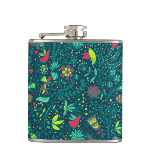Floral pattern with cartoon birds 2 hip flask