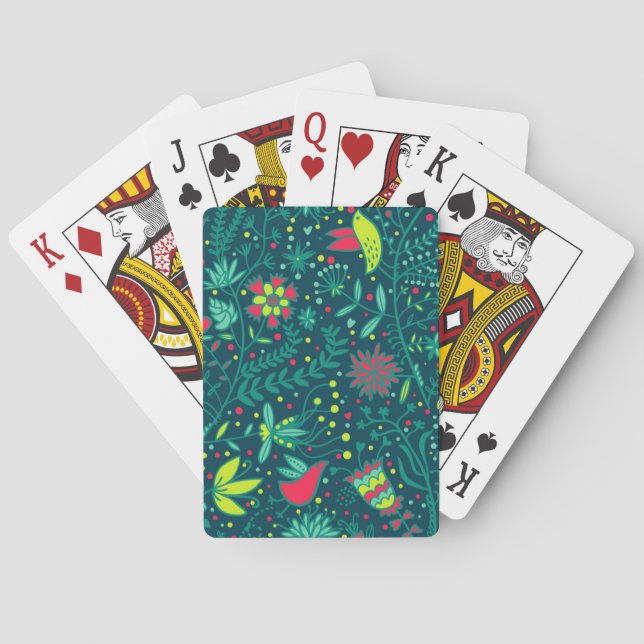 Floral pattern with cartoon birds 2 playing cards (Back)