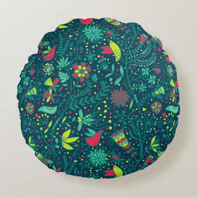 Floral pattern with cartoon birds 2 round cushion (Front)