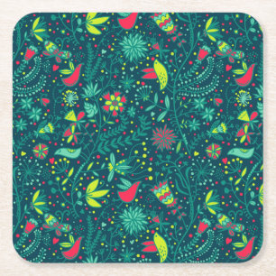 Floral pattern with cartoon birds 2 square paper coaster