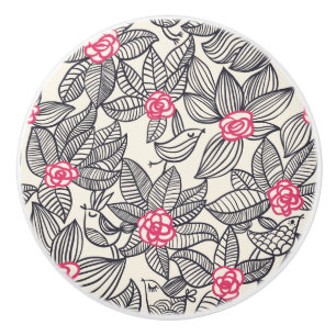 Floral pattern with cartoon birds ceramic knob