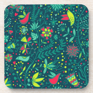 Floral pattern with cartoon birds coaster