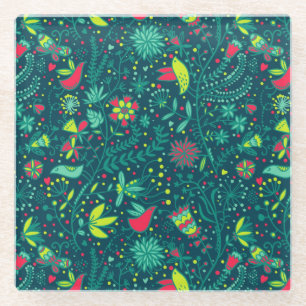 Floral pattern with cartoon birds glass coaster