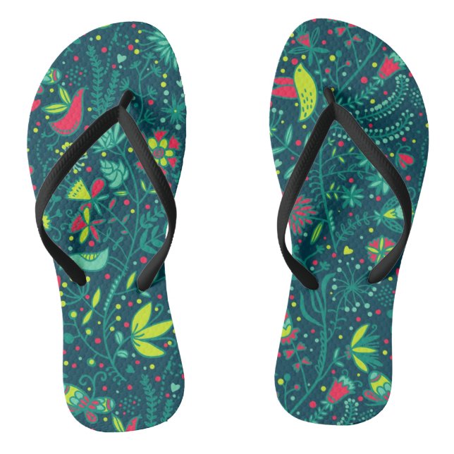 Floral pattern with cartoon birds jandals (Footbed)