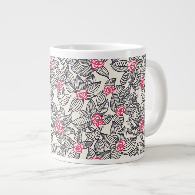 Floral pattern with cartoon birds large coffee mug (Front Right)