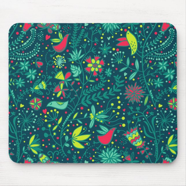 Floral pattern with cartoon birds mouse pad (Front)