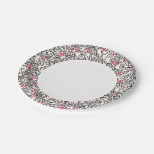 Floral pattern with cartoon birds paper plate (Angled)