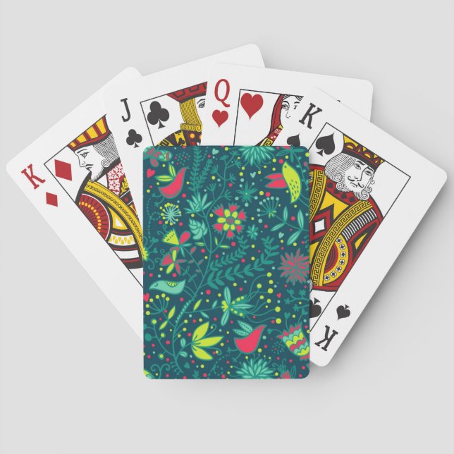 Floral pattern with cartoon birds playing cards (Back)