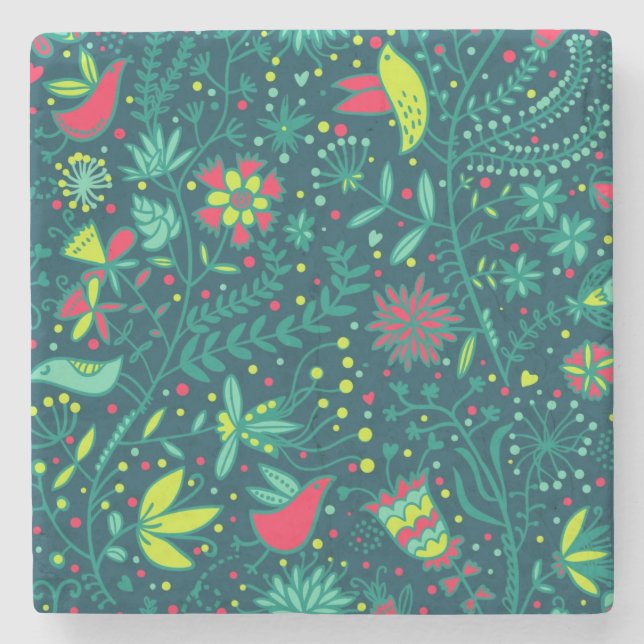 Floral pattern with cartoon birds stone coaster (Front)