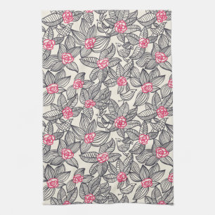 Floral pattern with cartoon birds tea towel
