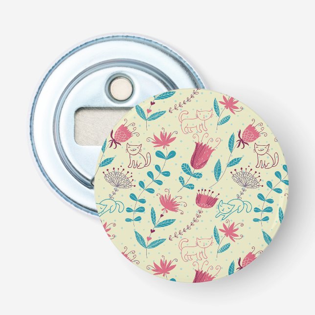 Floral pattern with cartoon cats bottle opener (Front)