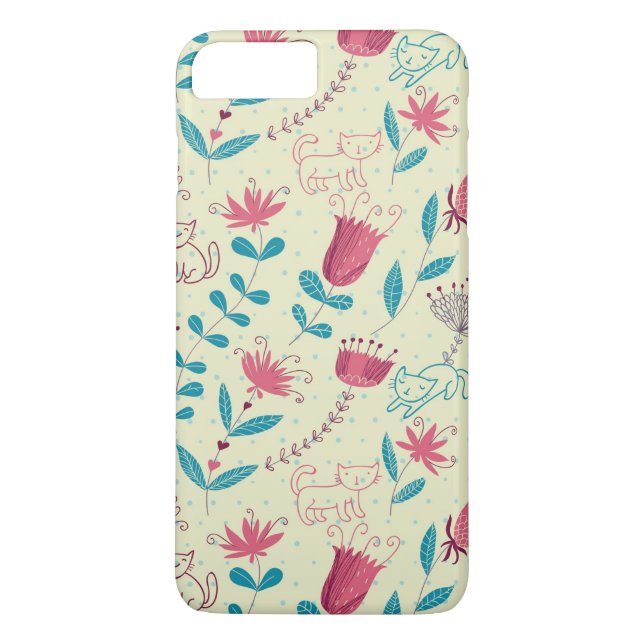 Floral pattern with cartoon cats Case-Mate iPhone case (Back)