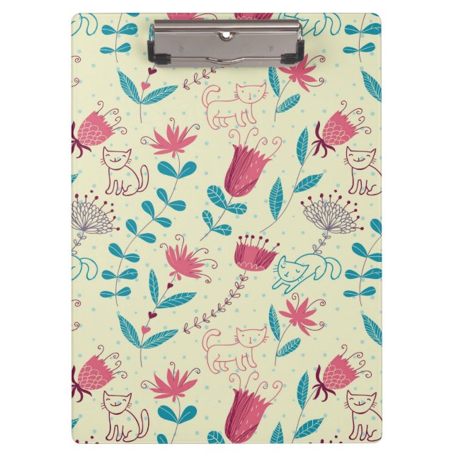 Floral pattern with cartoon cats clipboard (Front)