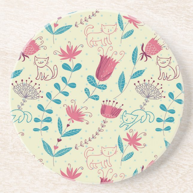 Floral pattern with cartoon cats coaster (Front)