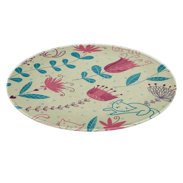 Floral pattern with cartoon cats cutting board (Corner)