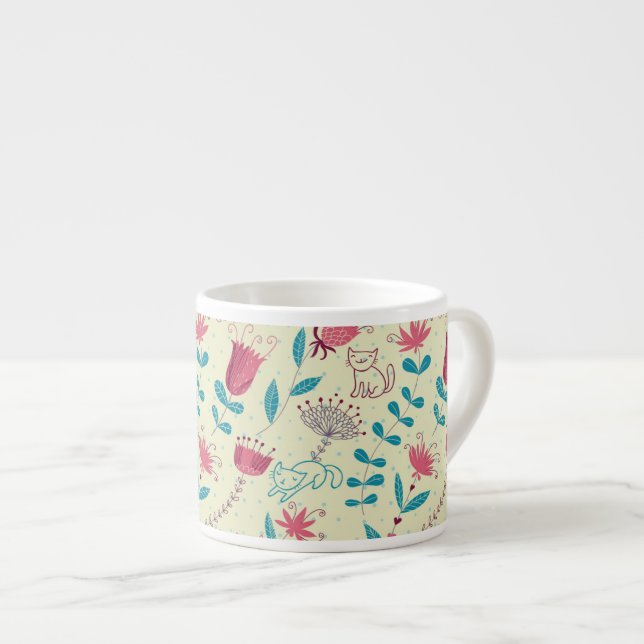 Floral pattern with cartoon cats espresso cup (Front Right)