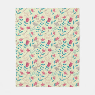Floral pattern with cartoon cats fleece blanket