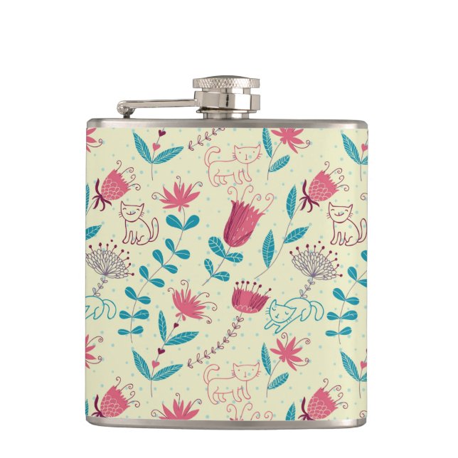 Floral pattern with cartoon cats hip flask (Front)