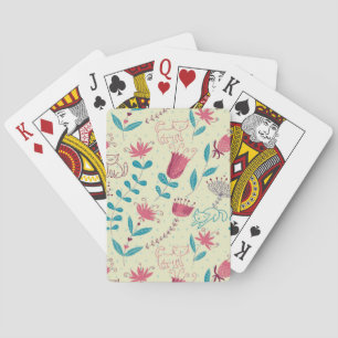 Floral pattern with cartoon cats playing cards