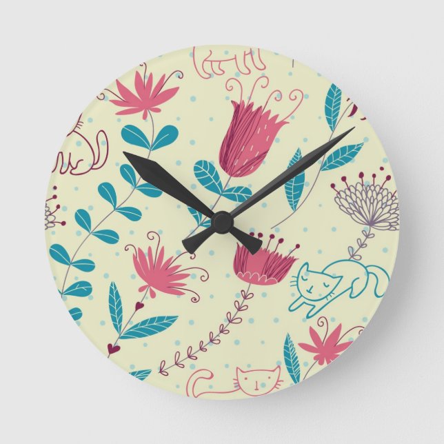 Floral pattern with cartoon cats round clock (Front)