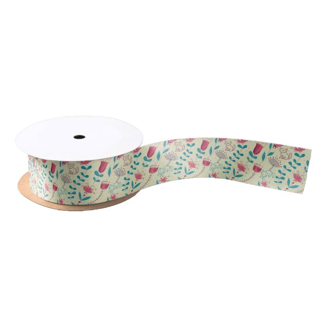 Floral pattern with cartoon cats satin ribbon (Spool)