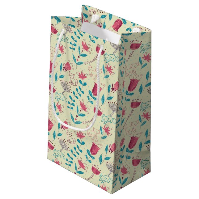 Floral pattern with cartoon cats small gift bag (Back Angled)