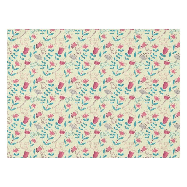 Floral pattern with cartoon cats tablecloth (Front (Horizontal))