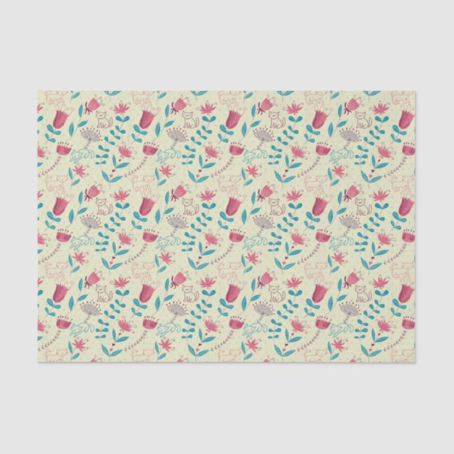 Floral pattern with cartoon cats tissue paper (Front)
