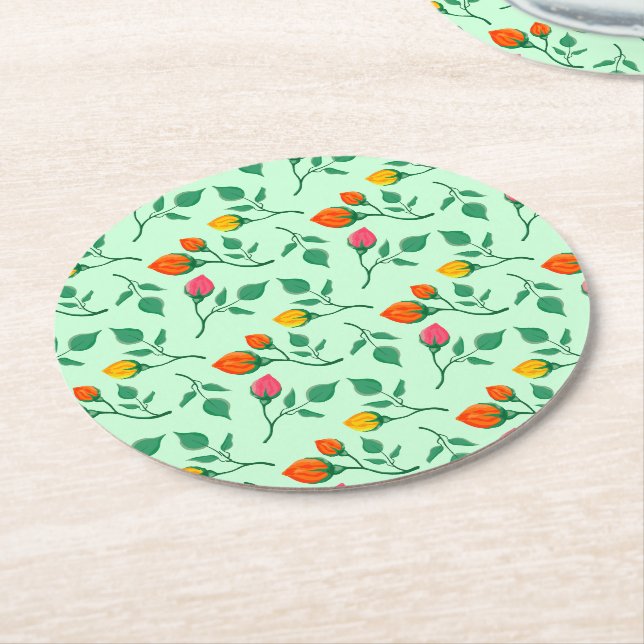 Floral pattern with coloured rose flowers  round paper coaster (Angled)