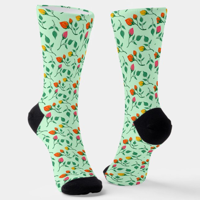 Floral pattern with coloured rose flowers  socks (Angled)