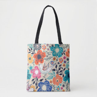 floral pattern with colourful blooming flowers an tote bag