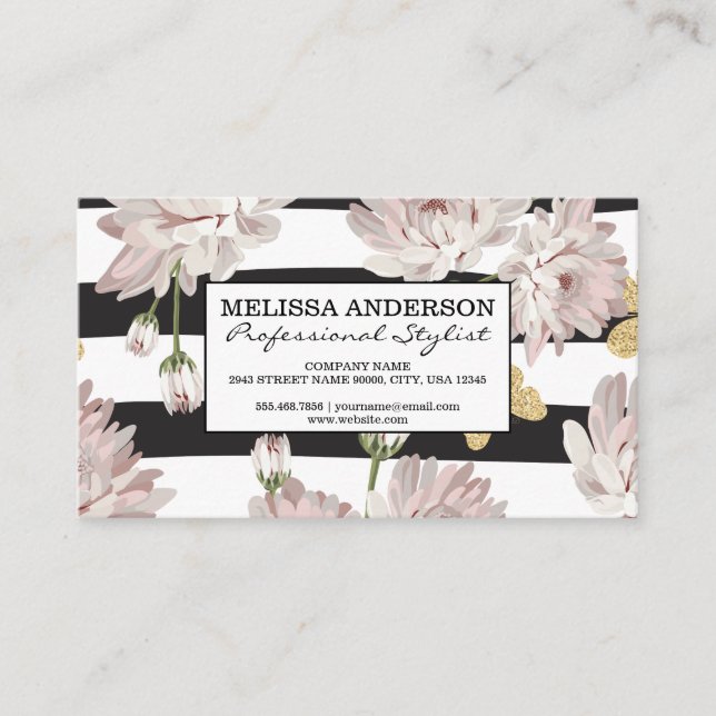 Floral pattern with glittering butterflies business card (Front)