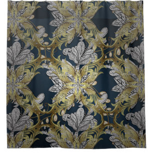 Floral Pattern with Gold Elements Blue Background Shower Curtain
