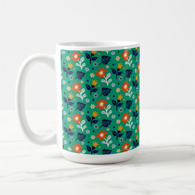 Floral Pattern with Green Background Coffee Mug (Left)