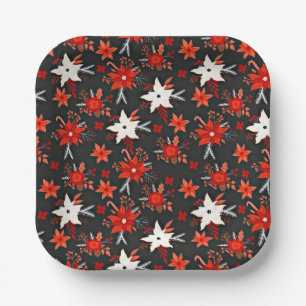 Floral Pattern with Red White Flowers-11438 Paper Plate