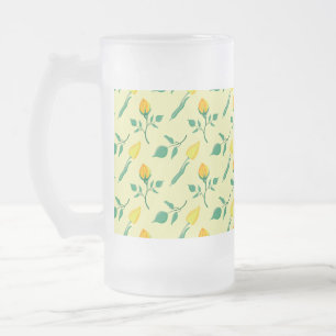 Floral pattern with yellow rose and tulip flowers frosted glass beer mug