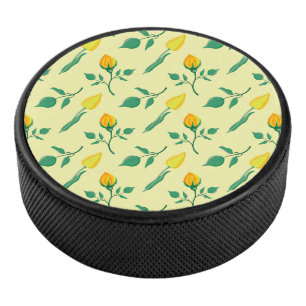 Floral pattern with yellow rose and tulip flowers hockey puck