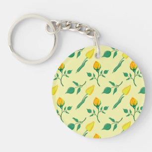 Floral pattern with yellow rose and tulip flowers key ring