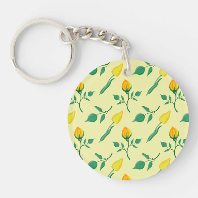Floral pattern with yellow rose and tulip flowers key ring (Front)