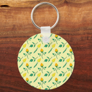 Floral pattern with yellow rose and tulip flowers key ring